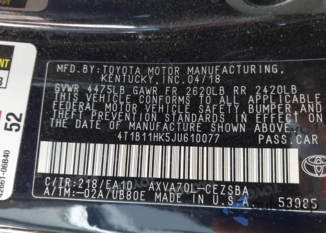 2018 Toyota Camry Se from USA, damaged, VIN 4T1B11HK5JU610077